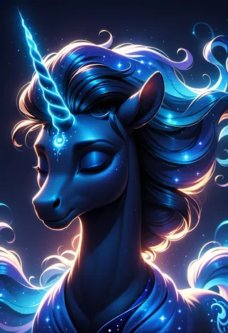 A majestic unicorn with a glowing blue horn surrounded by a cosmic, twinkling night sky, illuminated by backlighting and vivid lighting effects.