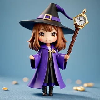 Chibi figure of a wizard girl wearing a purple robe and black wizard hat, holding a clock-themed wand with a gold clock face.