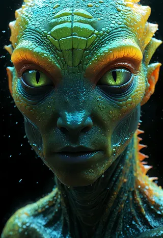 Close-up digital portrait of an alien creature with wet, scaly, multi-hued skin and glowing reptilian eyes set against a dark background.