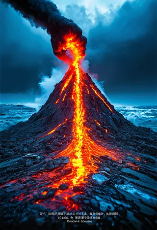 A volcano erupts by the ocean, with bright orange lava flowing down its rocky sides and thick black smoke rising into the blue sky.