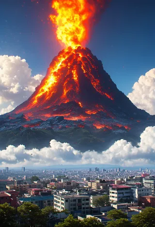 A massive volcano erupting with bright lava and smoke towering over a large urban city under a clear blue sky with clouds