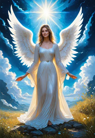 A radiant angelic being named Seraphina stands with large white celestial wings, wearing a flowing white gown glowing under divine light in a serene heavenly landscape.
