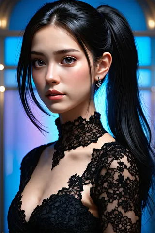 Hyper realistic half-body portrait of a 20-year-old girl with long dark hair in a ponytail wearing an intricately detailed black lace dress, against a deep blue and purple mysterious background.