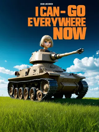 Movie poster featuring a mechanical human-tank cyborg girl with short blonde hair, mounted on a wide tank with big wheels on green grass under blue sky, titled 'I Can Go Everywhere Now'.