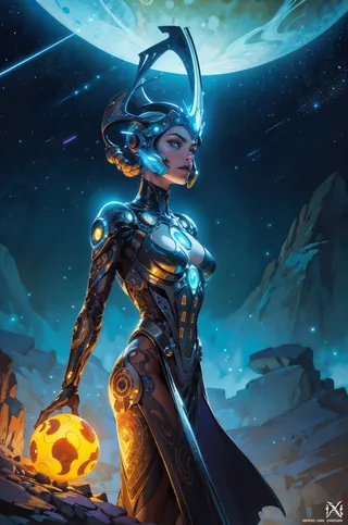 Highly detailed female android with a chrome exoskeleton and neon circuitry, wearing a liquid metal robe and ornate helmet, set against a glowing lunar background with stars and rocky terrain.