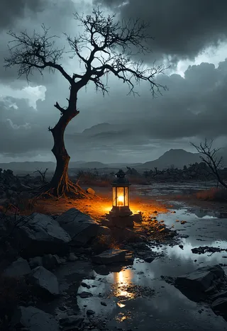 A barren tree stands alone in a desolate wasteland under a dark stormy sky, illuminated by a glowing lantern casting reflections on puddles.