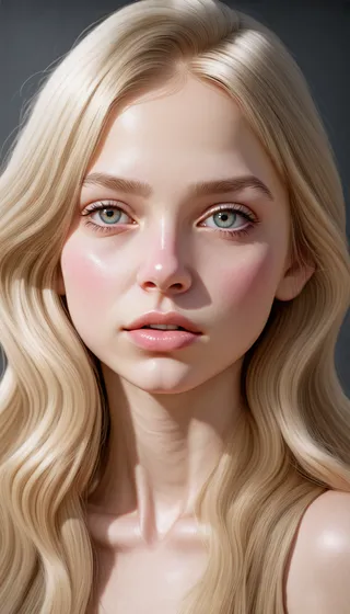 Hyperrealistic portrait of a stunning blonde girl with piercing blue eyes, flowing golden hair, and delicate features under soft lighting.