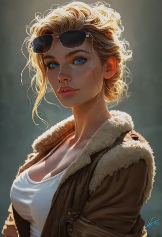 Portrait of a blonde woman with striking blue eyes wearing aviator sunglasses on her head, a white tank top, and a brown bomber jacket with a fur collar, illuminated by cinematic volumetric lighting.