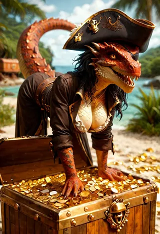 A Dragonborn female pirate with scaly skin, dressed in a pirate costume including an eyepatch and large pirate hat, bending over an open treasure chest full of gold coins on a tropical island beach.
