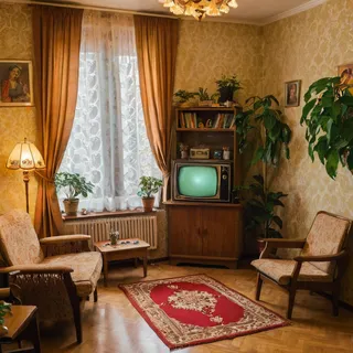 Vintage Soviet-style living room photo showing classic TV, patterned wallpaper, wooden furniture, lace curtains, and indoor plants in a cozy atmosphere.