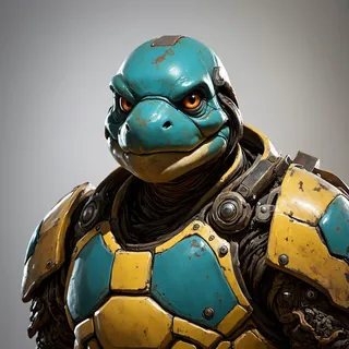 Portrait of an armored war turtle cyborg with blue and yellow mechanical armor in a detailed 3D render, inspired by renaissance brush paintings.