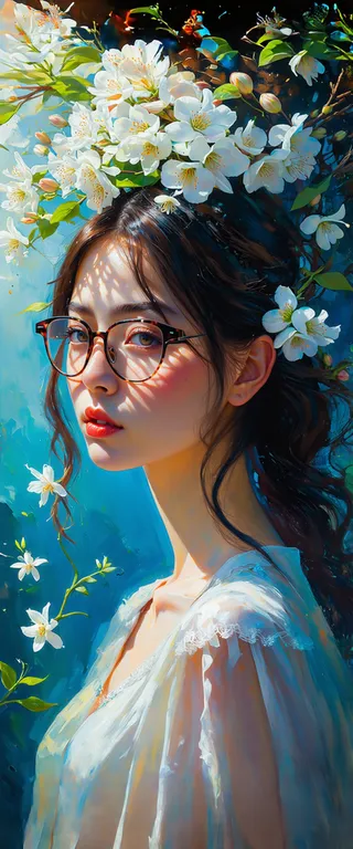 Portrait of a woman wearing glasses adorned with a crown of white flowers, bathed in ethereal light, surrealistic style with Japanese mythology influences