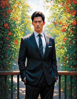 A hyper-realistic image of a serious man wearing a dark suit standing in a sunlit garden pathway framed by lush green and red flowering plants and architectural railings.