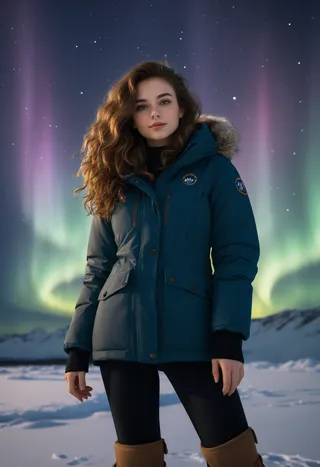 Young woman in her twenties with curly brown hair wearing a thick teal down jacket and brown snow boots standing in snowy Arctic landscape under a colorful aurora-lit night sky, smiling softly.