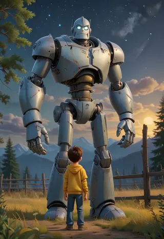 3D rendered giant robot standing in a field at night, glowing eyes, facing a boy in a yellow hoodie with starry sky and forest background.