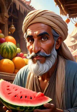 Close-up caricature of an old Arabian trader holding a slice of watermelon in a busy ancient-eastern market, painted in vibrant Disney Aladdin style with ethereal fantasy elements.