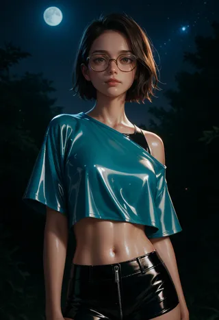 A young woman wearing glasses, a shiny blue latex crop top, and black latex shorts stands under a moonlit night sky with a serene expression.