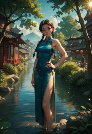 A young woman with twin braids wearing a blue china dress stands in a calm river surrounded by traditional Chinese village architecture, under a bright sunbeam with light particles and lens flare effects.