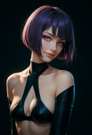 Anime-style portrait of a girl with purple bob cut hair, pink eyes, light smile, and wearing black leather long gloves and a revealing outfit
