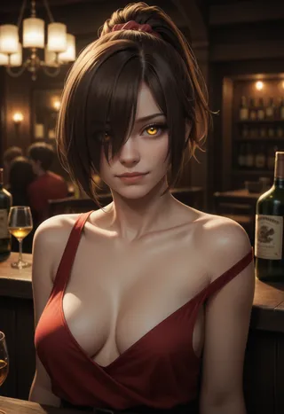 Realistic anime girl with short brown hair in a ponytail, yellow eyes visible through hair, wearing a red strapslip dress with bare shoulders, sitting in a warm bar setting.