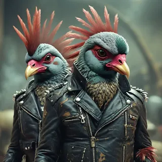 Aggressive punk pigeons with spiked mohawk hairstyles dressed in detailed leather jackets featuring anarchy signs and metal spikes, standing together as a gang.