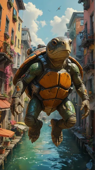 A highly detailed and realistic turtle wearing a jetpack flying above a colorful canal cityscape with buildings and flowers.