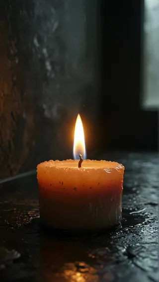 A detailed candle with a calm flame burning in a dark room, placed on a wet surface reflecting warm light.