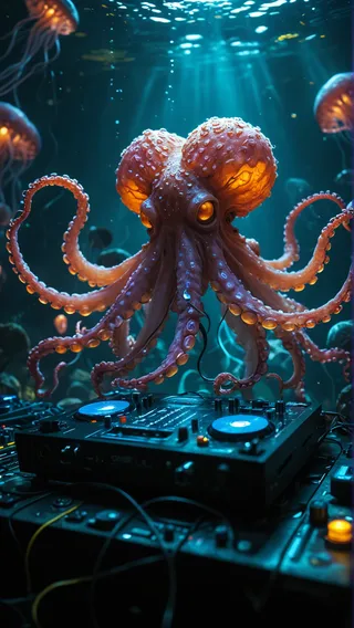 A highly detailed octopus acting as a DJ at an underwater rave, surrounded by glowing jellyfish lights and vibrant aquatic colors, with DJ equipment in front.