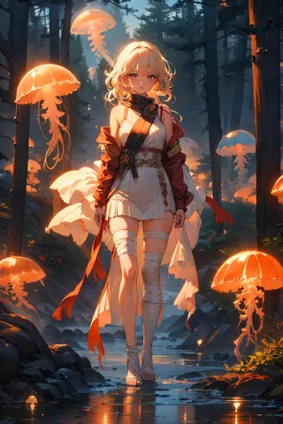 An anime girl with blonde hair and a white dress walks through a dark forest illuminated by numerous glowing orange jellyfish drifting around her.