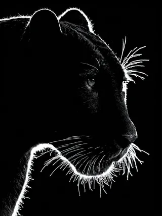 Close-up silhouette of a panther's face in black and white, highlighted with backlight creating a high contrast outline and detailed whiskers.