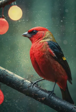 Photorealistic image of a Scarlet Tanager bird perched on a branch with film grain and vintage photo effects