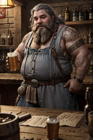 A fat, muscular dwarf with long grey hair and beard leaning against a wooden bar in a tavern, holding a tankard of beer with moody lighting and tattoos.