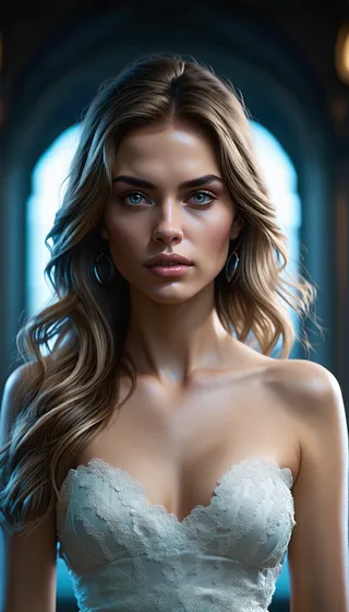 Photorealistic portrait of a gorgeous woman with blonde wavy hair, blue eyes, wearing an intricate lace white dress, shot with cinematic depth of field.