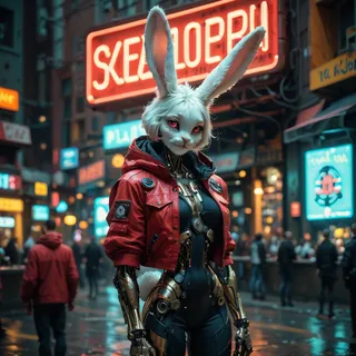 Cyberpunk female rabbit character with white fluffy ears, mechanical arms and legs, wearing a red short-sleeve jacket walking in a neon-lit Tokyo street at night.