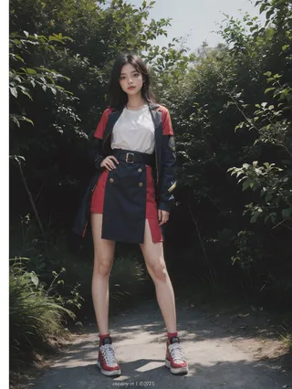 Full-body fashion photography of a female soldier wearing a stylish red and navy uniform with black sneakers, posing dynamically outside in a lush forest.