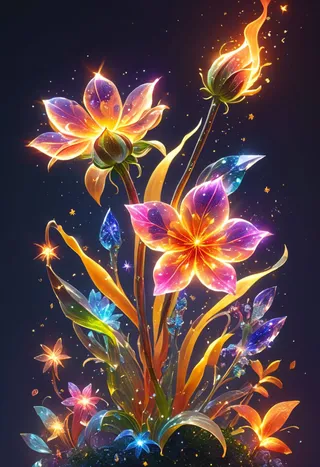 A vibrant, glowing flower crystal infused with fiery light and woven with sparkling stars, vividly detailed with sharp edges and atmospheric lighting.
