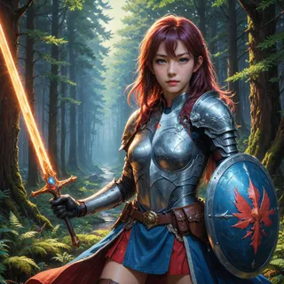 A photorealistic portrait of a female warrior with red hair wearing detailed armor, holding a glowing sword and a blue shield with a red emblem, standing in a dense forest.