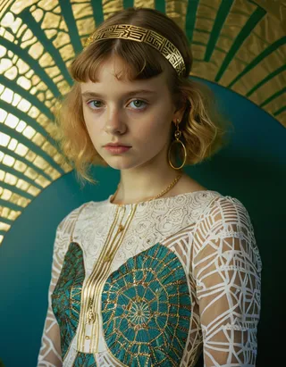 Portrait of a young girl with brown eyes and short golden hair styled in a Hellenistic French crop, wearing an elegant dress featuring blue and green geometric patterns with gold accents, framed by a golden hair ring and standing against a blue and gold decorative background.