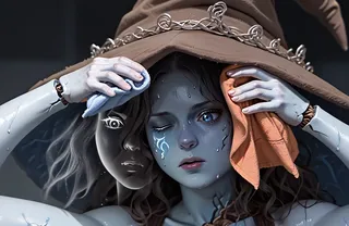 Anime style witch girl with blue cracked skin, wearing a brown cloak and witch hat, wiping sweat on her two faces with towels.