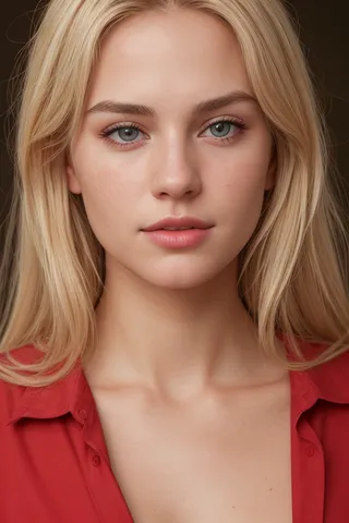 Portrait of a blonde woman wearing a red shirt, featuring high detailed skin, soft lighting, and realistic film grain effects.