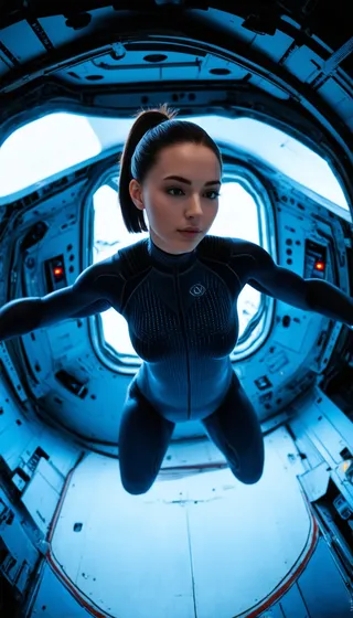 A photorealistic portrait of a young woman in a high tech sport suit floating in zero gravity inside a spacecraft, with short straight hair tied in a ponytail.