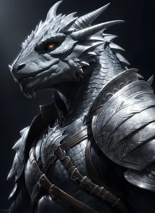 Silver dragonborn male with detailed scales and armor, featuring prominent horns, pauldrons, and a tail against a black background.