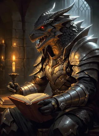 A black dragonborn with red eyes, adorned in detailed armor, sits indoors reading a book by the light of a candle.