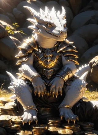A white dragonborn child sitting on a pile of gold coins, wearing detailed armor with horns and claws, illuminated by warm sunlight.