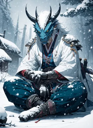 A blue dragonborn male with white hair and horns dressed in traditional Japanese clothes sitting in the snow holding a sheathed katana, surrounded by a snowy winter outdoor scene.