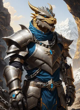 Gold dragonborn male warrior with striking blue eyes and golden horns, clad in detailed silver and blue armor with chains, standing against a mountainous backdrop.