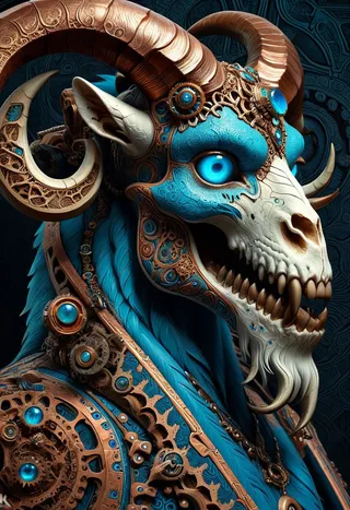 Side view of a mechanical creature with a goat skull face featuring bright blue eyes, adorned with ornate copper and bone details, and large curved horns.