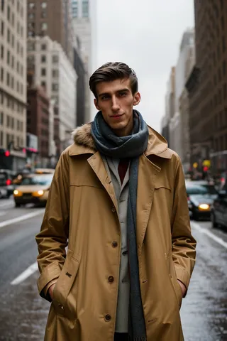Hyper realistic photograph of a tall, lanky young man wearing a raincoat and scarf standing on a rainy New York street with a tired expression.