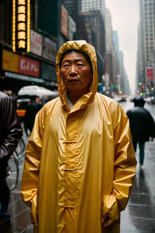 Hyper realistic photo of a tired 45-year-old Chinese man wearing a yellow raincoat in a stormy, dimly lit New York street with film grain effect
