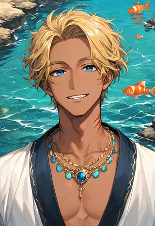 Portrait of a dark-skinned man with blonde hair and vivid blue eyes smiling, wearing layered blue and gold necklaces, standing near a clear seashore with orange and white fish swimming in the water.